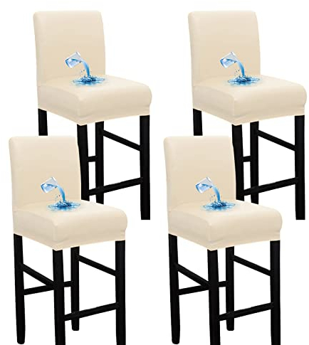 Bestenrose Wasserdicht Stuhlhussen 4er Set BarStuhlhussen PU Leder Stuhlbezug Barhocker Bezüge Stretch Hochhocker stuhlbezüge Stuhlbezug für Esszimmerstuh (Beige, 4 Stück)