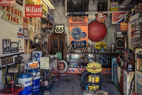 BELECO 3x2m Stoff-Hintergrund „Route 66“, Tankstelle, Museum, Garage, für Fotografie, historische Route 66, Arizona, USA, Hintergrund, Fotoautomat, Studio-Requisiten