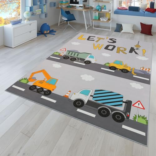 TT Home Kinderzimmerteppich Teppich Junge Mädchen Kinderteppich Baby rutschfest Straße, Farbe:Grau Gelb Creme, Größe:140x200 cm