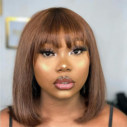 Joedir Echthaar-Perücken Gerade Bob-Perücke mit Pony Kurze Bob-Perücken für Frauen Dunkle Wurzeln Braun Keine Lace Front Perücken 26 CM