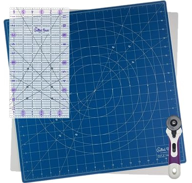 The Quilted Bear 18 x 18 Self-Healing Rotating Cutting Mat with 6.5 x 12 Non-Slip Quilting & Sewing Ruler & 45mm Ergonomic Soft Grip Rotary Cutter - Blue