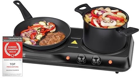 TZS First Austria - Placa de Cocción Portátil Eléctrica, Quemador Doble de 2000 W, 19 cm, para Mudanza, Camping, Apartamento de Vacaciones, Fogones Negros