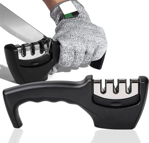 Knife Sharpener - Professional 3 Stage Manual Sharpener for Sharpening Kitchen Knives - Kitchen Tools & Gadgets - Knife Sharpener UK, Stone, Tungsten Carbide Plates, Diamond rods. Ergonomic Design