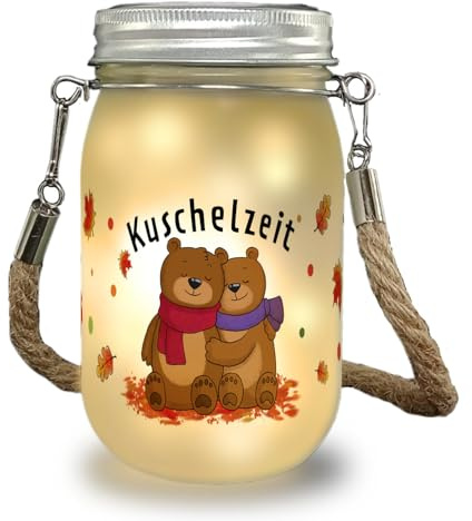 speecheese Kuschelzeit Solarlicht mit niedlichem Bärenpärchen ein liebevolles Dekolicht für den Herbst Bären Motiv romantische Dekolampe Frauen Geburtstag Einmachglas Solar Deckel