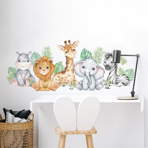 Tanlaby Dschungel Tier Wandsticker Waldtiere Wandtattoo Nilpferd Löwe Giraffe Elefant Zebra Wandaufkleber Selbstklebend Abnehmbare Wandkunst Aufkleber für Kinderzimmer Spielzimmer Wanddekoration