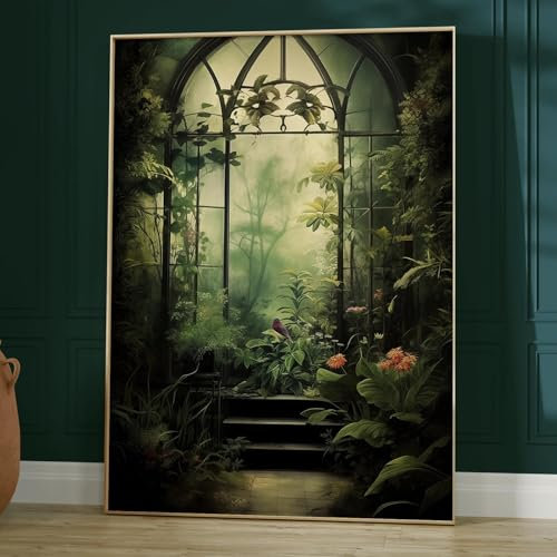 Dark Academia Poster, ästhetisches Vintage-Wandkunst, Gothic-Bilder, Vintage, Gothic, Leinwand, Wandkunst, mittelalterliches Schloss, übergewachsen, botanisches Cottagecore-Poster, grün, natürlich,