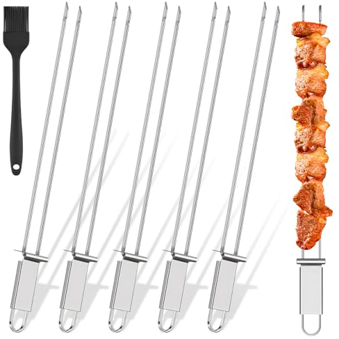 6PCS Stainless Steel Kabob Skewers for Grilling - 13 Double Pronged BBQ With Push Bar, Reusable Shish Kebab Chicken Sticks for Camping