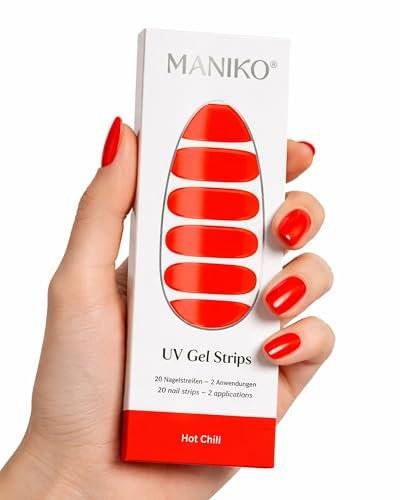 Maniko UV Gel Strips Hot Chili Rot – 20 UV Nagelsticker, 2 Anwendungen | UV Nagellack zum Kleben, selbstklebende Nagelfolie für natürliche Nägel, vegan & langanhaltend – Geschenk zu Geburtstag