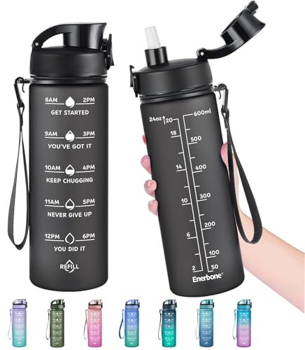 Enerbone 24 oz Water Bottle, Leakproof BPA & Toxic Free, Motivational Water Bottle with Times to Drink and Straw, Fitness Sports Water Bottle with Strap for Office, Gym, Outdoor Sports