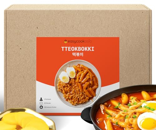 Tteokbokki Box | Koreanisches Street Food Kit | Schnell & Einfach | Scharfe & süße Tteokbokki mit Reiskuchen, Gochujang (scharfe Chilisauce) und Gochugaru (koreanische Chiliflocken) | EasyCookAsia