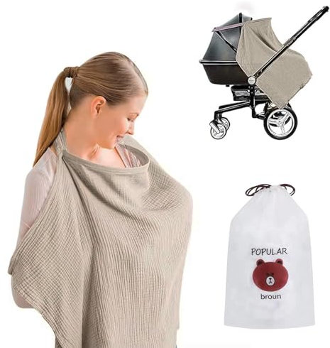 Breastfeeding Cover,Nursing Cover with Storage Bag,Cotton Multi Use Breastfeeding Cover,Nursing Cover for Baby Breastfeeding & Pumping,Breastfeeding Breathable Cotton Shawl (Khaki)