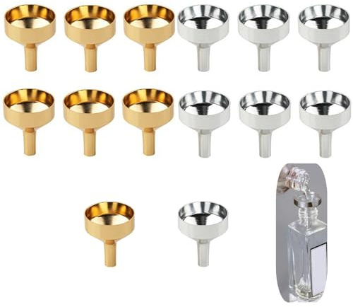 14 PCS Small Funnel Set Professional Mini Metal Funnel Filling Funnel Aluminium Tiny Funnel for Wine Pot Small Bottles to Transfer Liquids,Perfumes, Spices, Essential Oils(Gold+Silver)