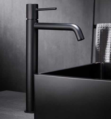 IMEX - Grifo Lavabo Negro Caño Alto | Grifo para Lavabo de Baño con Agua Fría y Caliente | Grifería Monomando Efecto Cascada con Caño de Latón | Ahorro de Agua | Serie Monza | Color Negro Mate