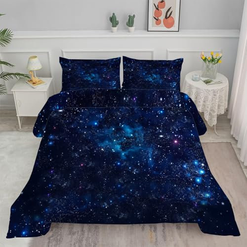 Bettdecke 240x220 cm, Blauer Sternenhimmel Bettdecke 220x240 4 Jahreszeiten, Astronomie-Hobby Steppdecke Waschbar Bettdecken, Vierjahreszeiten Schlafdecke Ganzjahresdecke mit 2 Kissenbezug 80x80cm