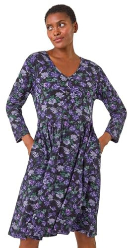Roman Originals Stretchy Dress for Women UK Ladies Pockets Gathered Waist Ruched Chest Midi Holiday Spring Summer V Neckline Evening Vacation Work Party Going Out Soft - Purple Green - Size 12