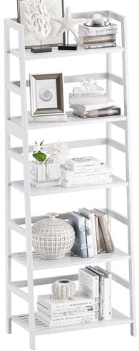 vovala Ladder Shelf, 5-Tier Bookshelf, All Bamboo Heavy Duty Bookcase, Freestanding Open Wood Storage Rack, Modern Corner Display Plant Stand for Living Room, Home Office, Bathroom, Bedroom, White