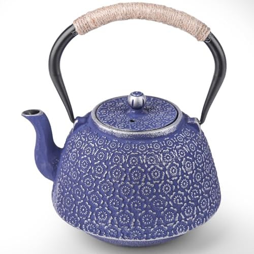 Large Japanese Tetsubin Cast Iron Teapot with Stainless Steel Infuser,Tong and Iron Trivet Coated with Enamel Interior for Stovetop Safe 40 oz Blue cast iron teapot