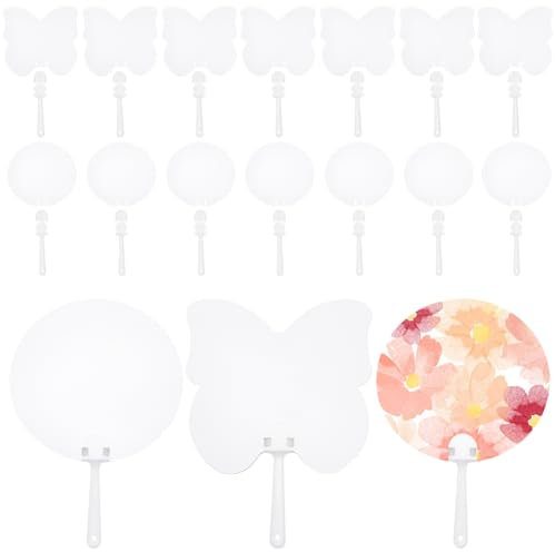 SOFPLATE 30Pcs Blank Paper Hand Fans Church Fan Handheld Round Butterfly Shape Double Sided Drawing White Cardstock Plastic Hand Held Blank fan for Painting Crafting DIY Wedding Party Decorative Favor
