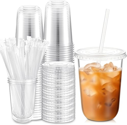 Ziliny 50 Sets Clear Plastic Cups with Lids and Straws, Disposable Iced Coffee Cups Drinking PET for Cold Drinks, Juice, Smoothie, Coffee Shops, Party, Christmas (16 oz,Clear)