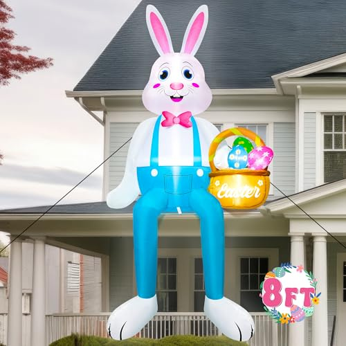 Aufblasbare Oster-Hasen-Dekorationen, beleuchteter Hase mit bunten Eierkorb, niedliches aufblasbares Frühlingsdekor für Ostern, Rasen, Hof, Party, 2,4 m