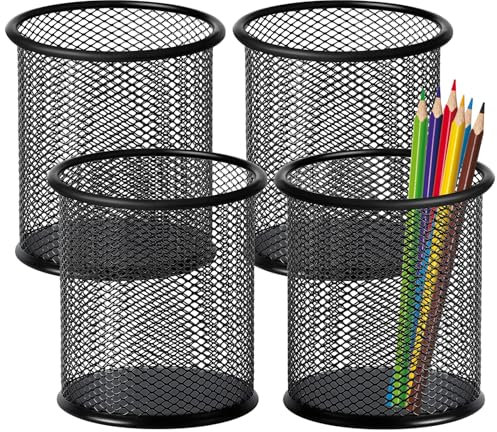 Mgood 4 Pack Pen Holder, Round Metal Mesh Pen Pot, Durable Stationary Organiser, Multifunctional Pencil Pot for School, Home, Office, Black