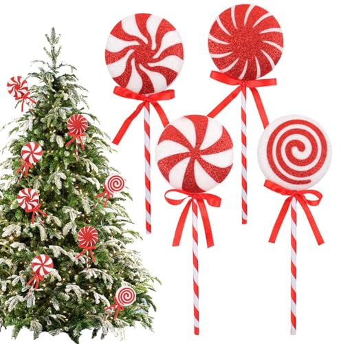 Decoración de piruletas para árbol de Navidad, 4 adornos grandes de piruletas de caramelo, de espuma roja y blanca, adorno clásico para árbol de Navidad, escuela, dormitorio y decoración de