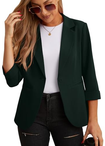 GRECERELLE Women's Blazer Suit Elegant 3/4 Sleeve Jackets Business Casual Work Office Blazer Jacket Suiting & Blazers Cardigans with Pockets Button for Ladies (Dark Green, 18)
