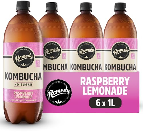Remedy Kombucha Tea - Raspberry Lemonade - Sparkling Live Cultured, Naturally Sugar Free Soft Drink - Probiotic for Gut Health - 6 x 1L Case (Bottles)