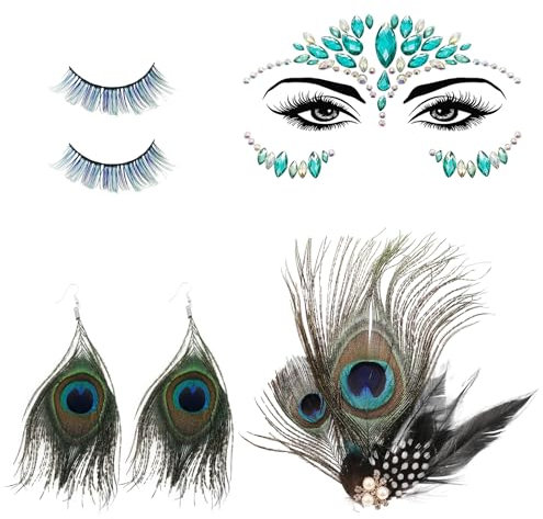 TUONYIS 6 Stück Pfau Kostüm Damen Set Pfauenfedern Haarschmuck, Bunte Wimpern, Glitzersteine Gesicht, Ohrringe, Pfau Accessoires zum Halloween Karneval Cosplay, Mottoparty, Cosplay (Grün)