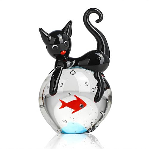 QFkris Figura de gato negro de vidrio soplado, escultura de animales de cristal de 1.6 pulgadas