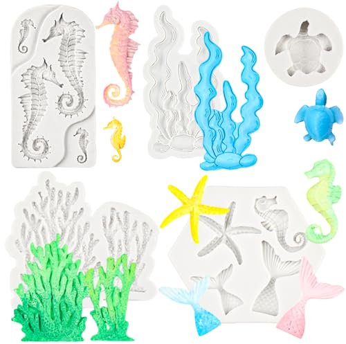 5 PCS Marine Theme Fondant Moulds Sea Turtle Seahorse Silicone Mould Mermaid Fondant Mould Starfish Coral Baking Mould for Cupcake Topper Cake Decoration Polymer Clay Gum Paste