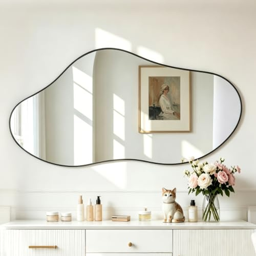 Bathroom Mirror, Full Length Mirror, Wall Art, Home Decor – Elegant Large Cloud Asymmetric Black Frame 98x45cm, Wall-Hung Dressing Mirror for Hallway, Bedroom, or Any Space