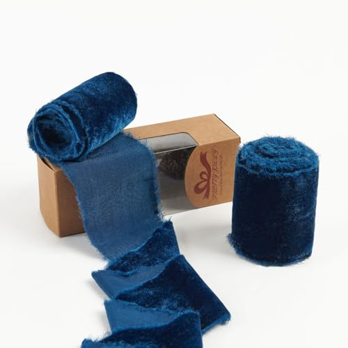 Pretty Jolly Cinta de terciopelo azul para envolver regalos, cinta de terciopelo vintage deshilachada hecha a mano para árbol de Navidad, cintas para manualidades, decoración del hogar, ramo de flores