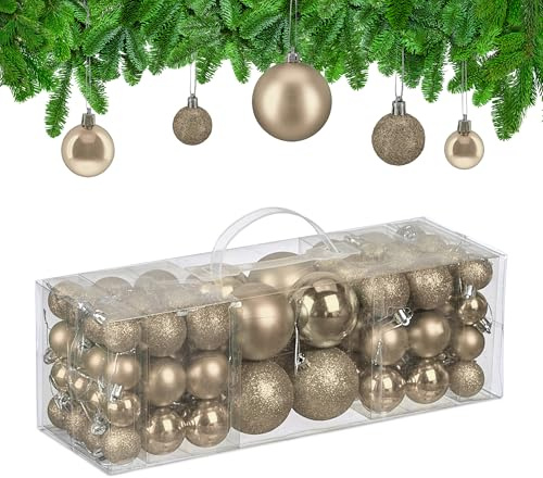 Relaxdays Weihnachtskugeln, 76er Set, Kunststoff, glitzernde, Matte, glänzende Baumkugeln, Christbaumschmuck, Champagner