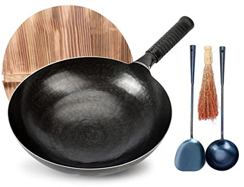 OWOHYG Woks Chinois en Fer Martelé À La Main, Woks Antiadhésifs À Fond Rond avec Couvercle en Bois Et Ustensiles De Cuisine pour La Cuisine Intérieure Et Extérieure, 34 Cm, 32 Cm