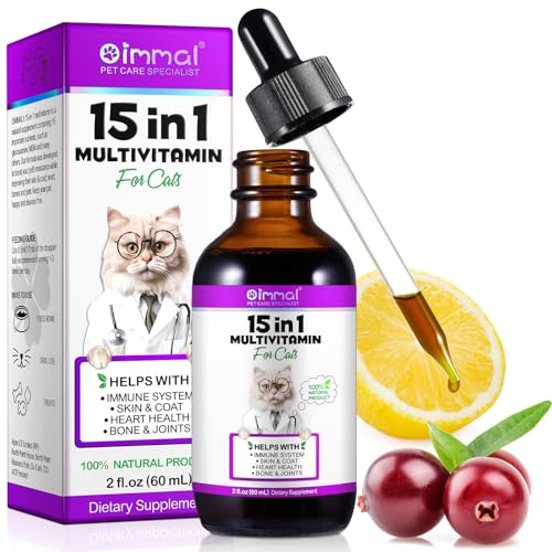 Katzenvitamine, 15-in-1-Multivitamin-Tropfen für Katzen, Katzenvitamine und Nahrungsergänzungsmittel mit Glucosamin und Probiotika, Vitamin für Haut, Fell, Immunität, Darmverdauung, Gelenke, Herz, 60
