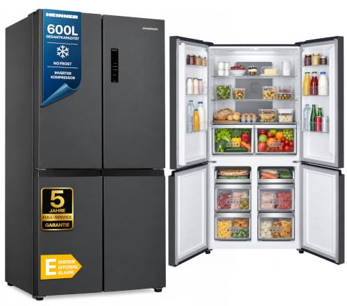 HEINNER HSBS‑HM600MDNFDXE++ Side‑by‑Side Multidoor Kühlschrank – 600 L Gesamtkapazität, Full No‑Frost, Inverter‑Kompressor, LED Touch‑Display, Multi‑Air‑Flow, Energieklasse E, 5-Jahres-Garantie