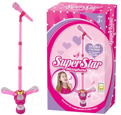 Hamosky Microfono per bambini con supporto regolabile, macchina per karaoke rosa con luci LED, microfono musicale per canto, altezza 80-110 cm, età 3+, giocattolo musicale per feste e spettacoli