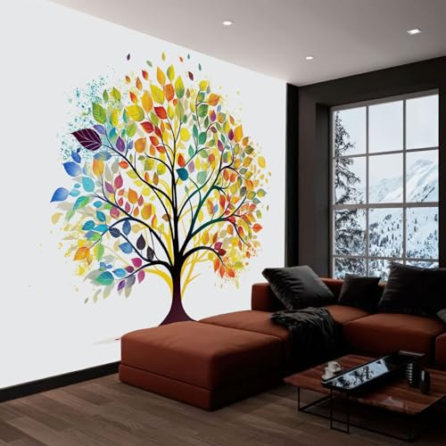 Fototapete Schlafzimmer Wohnzimmer 350x245 cm Gemalter Lebensbaum Weiß, Wandtapete Vlies Tapete UV-Beständig Geruchsfrei Vliestapete Panorama Wandbild Wandposter