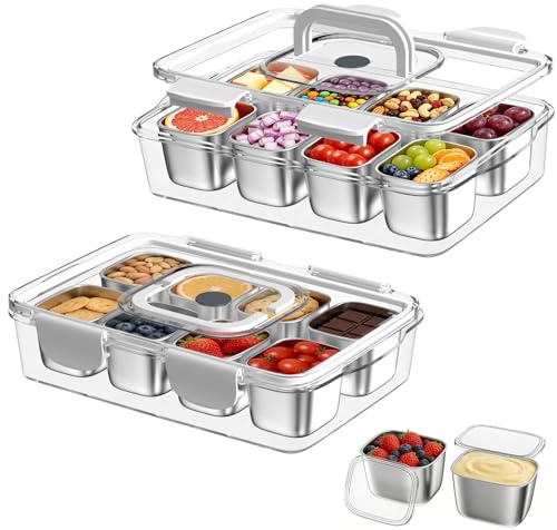 Snackbox Edelstahl mit 8 Fächern, 2 Stück Tragbar & Auslaufsicher Snackteller mit Deckel für Snacks, Süßigkeiten, Nüsse und Obst, Snackbox Spülmaschinenfest für Picknicks, Partys und den Alltag