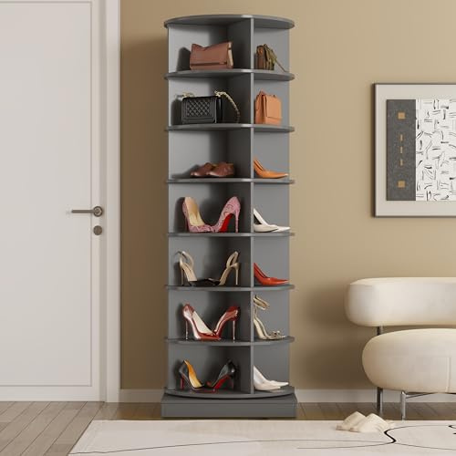 Zapatero Giratorio 360° Con MDF y Tablero De Partículas, Gran Capacidad Con 7 Niveles, Mueble Zapatero Redondo Rotatorio, Armario Para Guardar Hasta 28 Pares De Zapatos, Gris, 60.96x60.96x165 cm