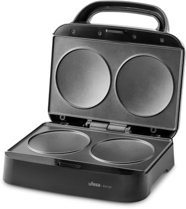 Ufesa Kenya Sandwichmaker 750W für Pancakes, Eier und Arepas, Antihaft-Rundplatten, Kompakt mit Vertikaler Aufbewahrung, PFOA-frei, Edelstahl-Finish, Kabelaufwicklungssystem