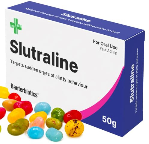 Slutraline Funny Prescription Pill Box – Girly/Hen Party Rude Gift | cheeky hen party gag gift for brides, bridesmaids, girls' nights or birthdays, 50g assorted fruit jelly beans inside