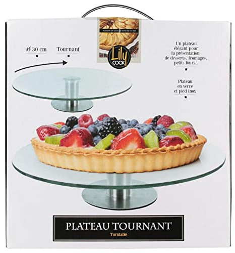 Lily cook KA1742 - Bandeja redonda giratoria con pie (acero inoxidable, cristal y metal) transparente y gris, 30 x 30 x 7 cm