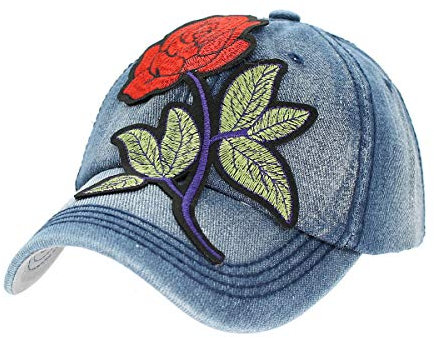 dy_mode Damen Jeans Kappe Basecap Baseball Cap Mütze Kappe mit Schmetterlinge Butterfly Blumen - K004 (K005-Hellblau-Rose)