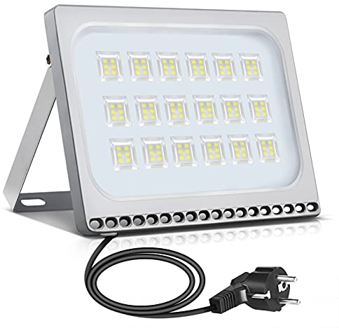 100W LED Flutlicht Flutlichtstrahler Strahler Innen Scheinwerfer, LED Fluter Baustrahler mit Stecker Wasserdicht IP65, 6000K Kaltweiß, Ideale Wandleuchte Außenbeleuchtung für Garten, Garage, Hotel