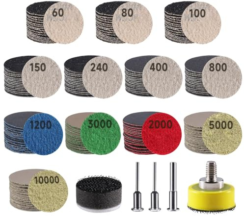 185 PCS 1 Inch Sanding Disc, GOH DODD Hook and Loop 60 to 10000 Grit Wet Dry Sandpaper Sand Paper with 1/8 1/4 Shank, Backing Pad, Foam Sanding Pads for Auto Metal Glass Resin Wood Sanding