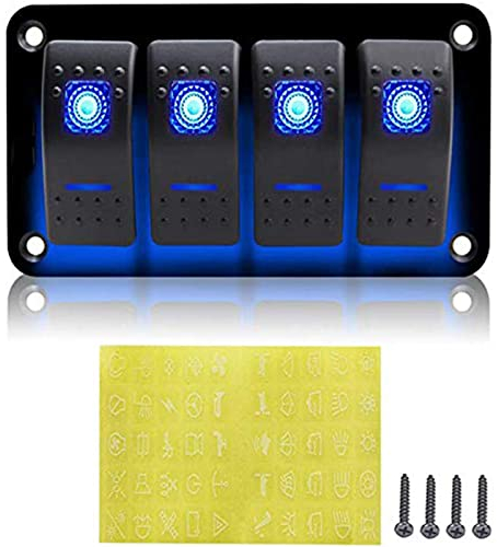 Geloo 4 Gang Panel de Interruptores Basculantes, 12V Rocker Switch Panel de Encendido Luz LED Azul ON-OFF IP65 Impermeable para Coche Caravanas Autocaravanas Barcos
