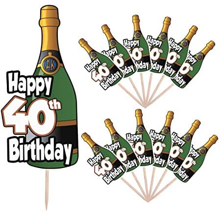 AK Giftshop Celebration 40th Birthday Champagne Bottle Party Food Cake Cupcakes Picks Sticks Decorations Toppers Stand Up Food Flags