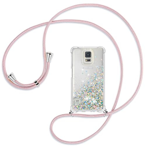 Ptny Handykette kompatibel mit Samsung Galaxy S5 Smartphone Necklace Hülle mit Band, Schnur mit Case zum umhängen Stylische Kordel Kette, Kristallklare Handyhülle zum Umhängen in Roségold